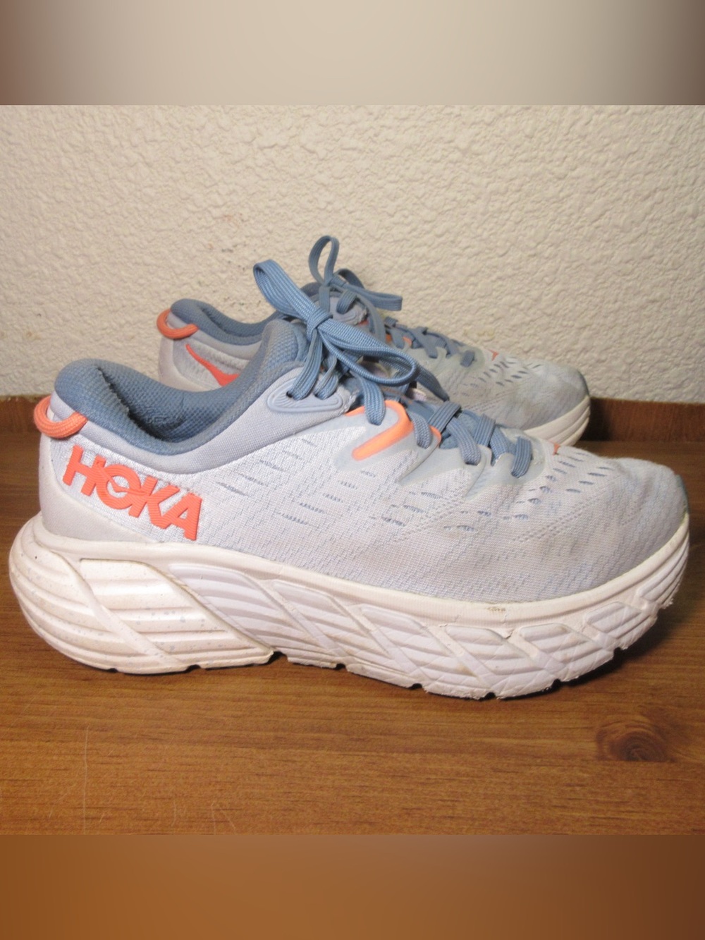 Hoka Women's Light Blue Running Shoes with Coral Logo Accents